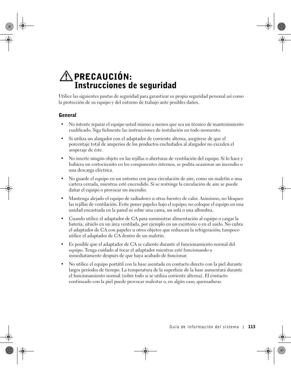 Precaución: instrucciones de seguridad, General | Dell Precision M60 User Manual | Page 115 / 144