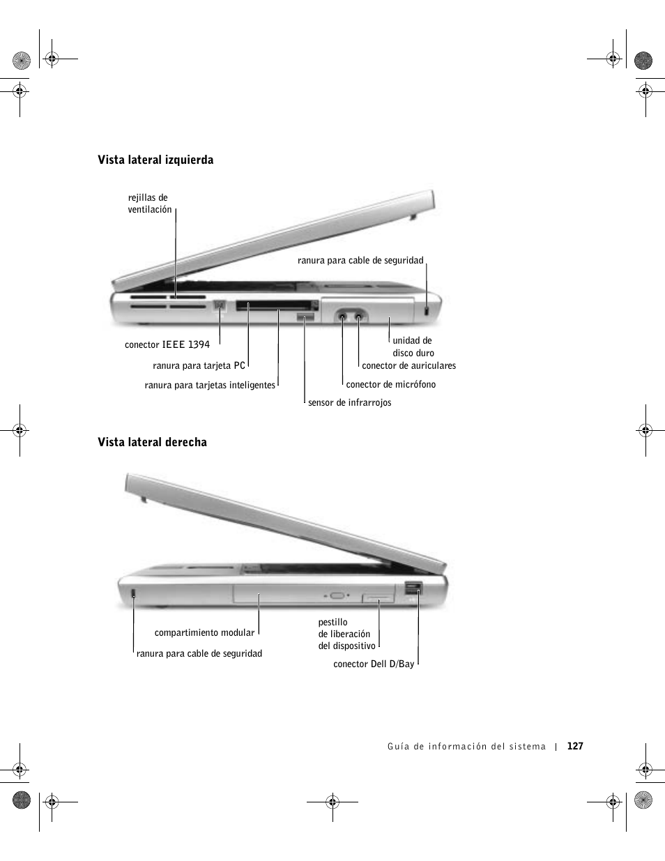 Vista lateral izquierda, Vista lateral derecha | Dell Precision M60 User Manual | Page 129 / 144