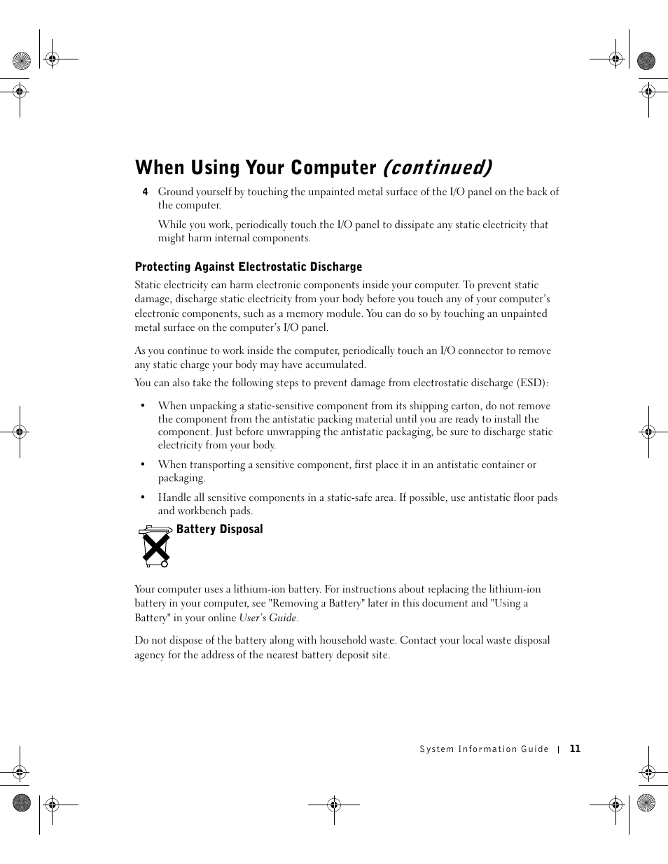 Protecting against electrostatic discharge, Battery disposal, When using your computer (continued) | Dell Precision M60 User Manual | Page 13 / 144