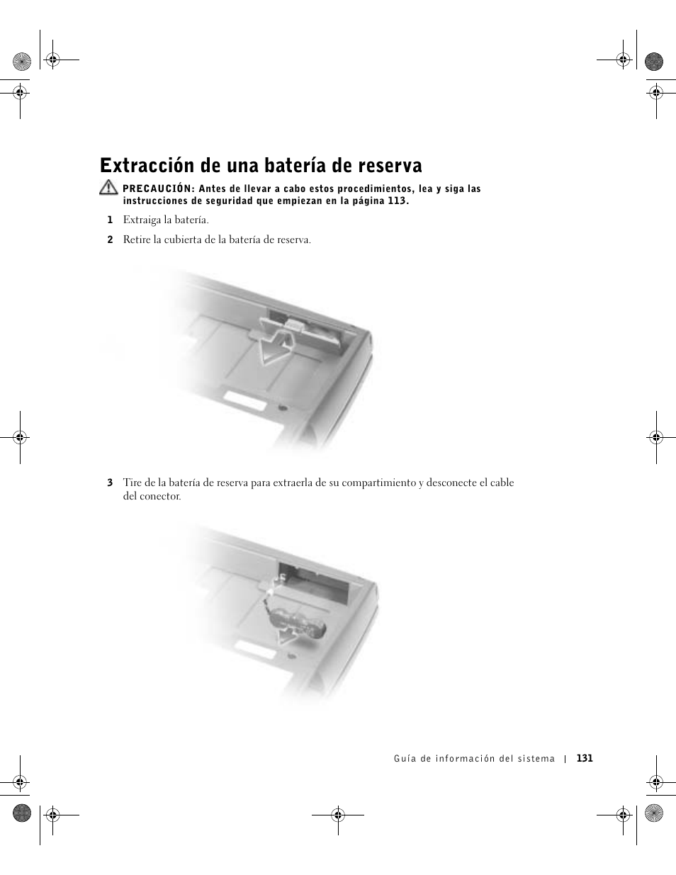 Extracción de una batería de reserva | Dell Precision M60 User Manual | Page 133 / 144