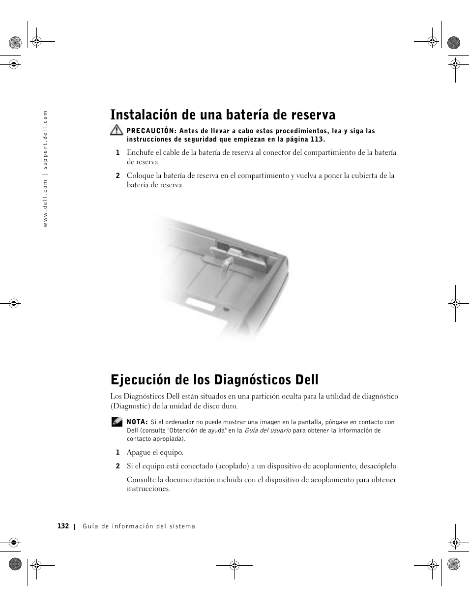 Instalación de una batería de reserva, Ejecución de los diagnósticos dell | Dell Precision M60 User Manual | Page 134 / 144