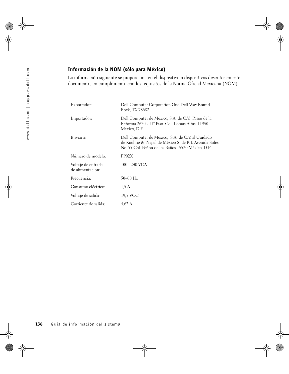 Información de la nom (sólo para méxico) | Dell Precision M60 User Manual | Page 138 / 144
