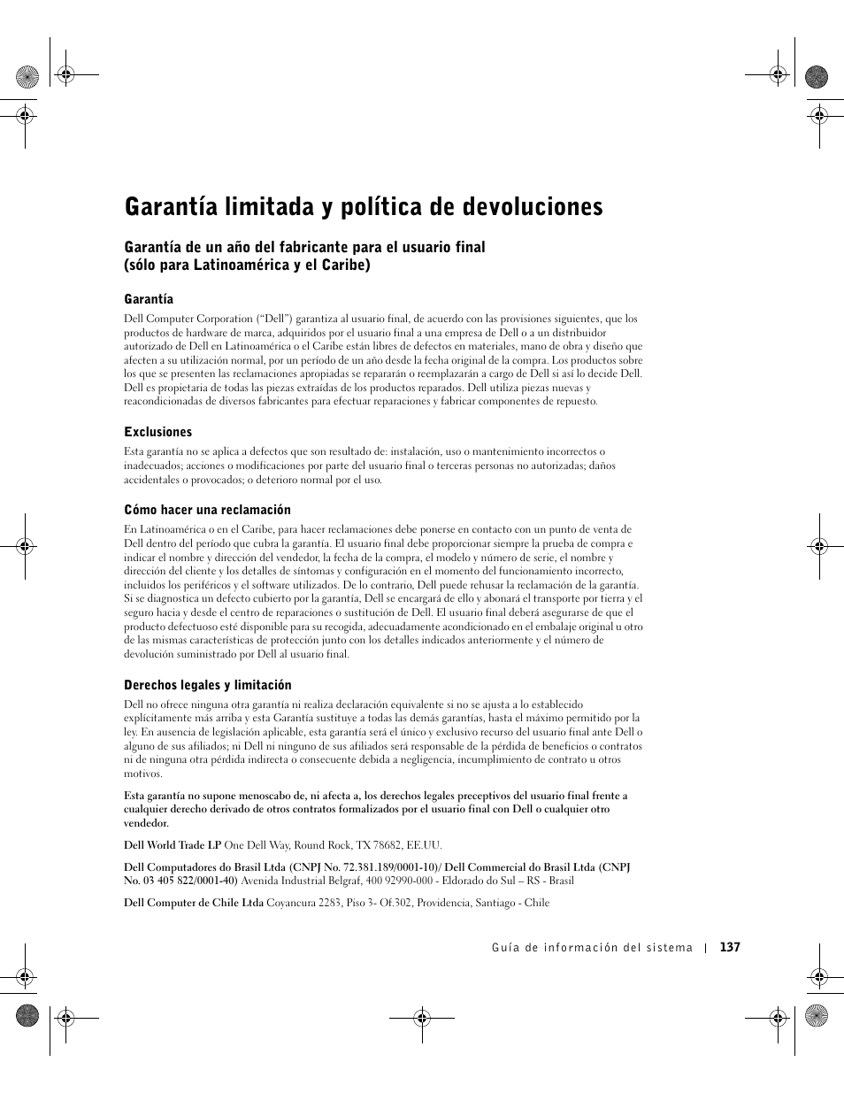 Garantía limitada y política de devoluciones | Dell Precision M60 User Manual | Page 139 / 144