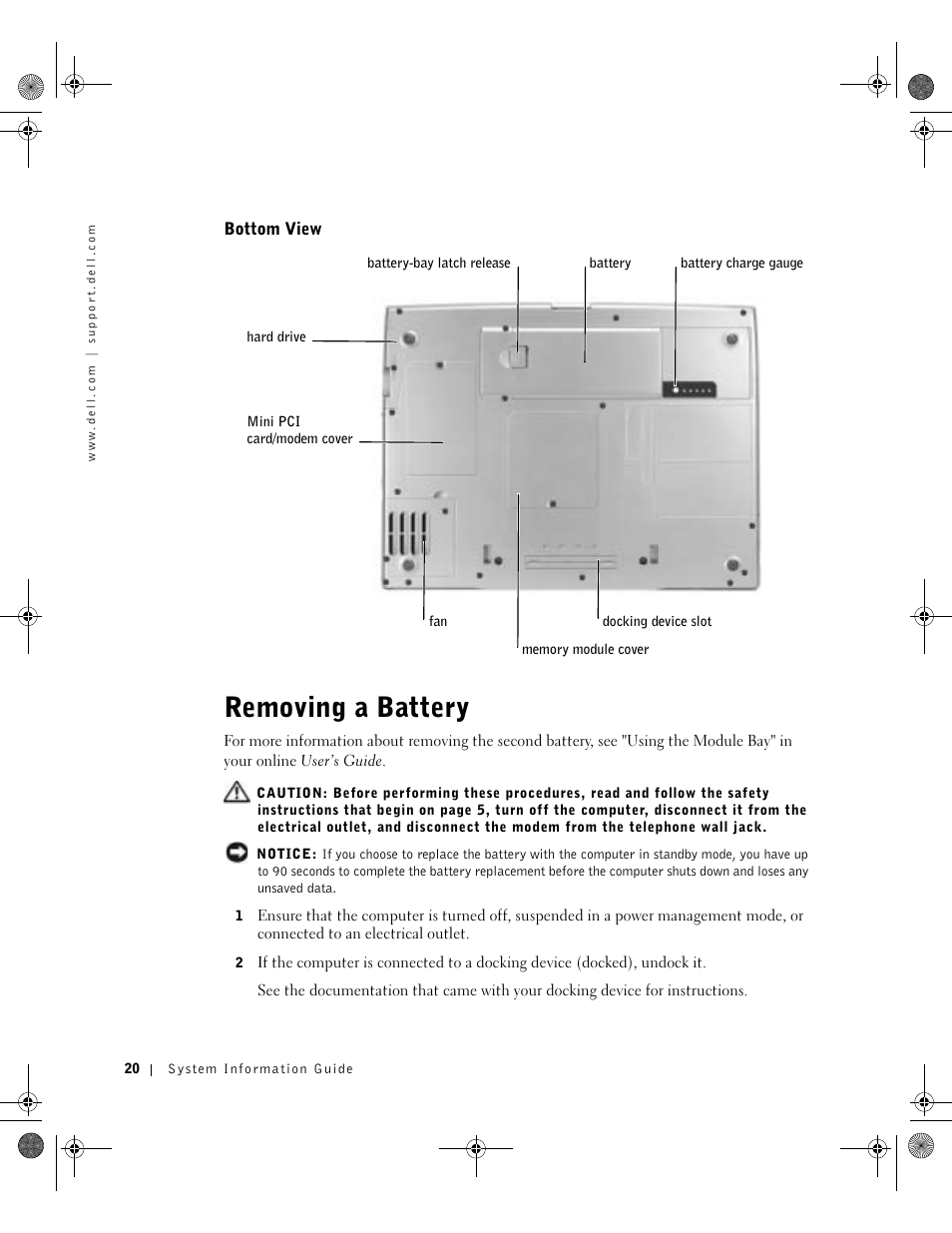 Bottom view, Removing a battery | Dell Precision M60 User Manual | Page 22 / 144