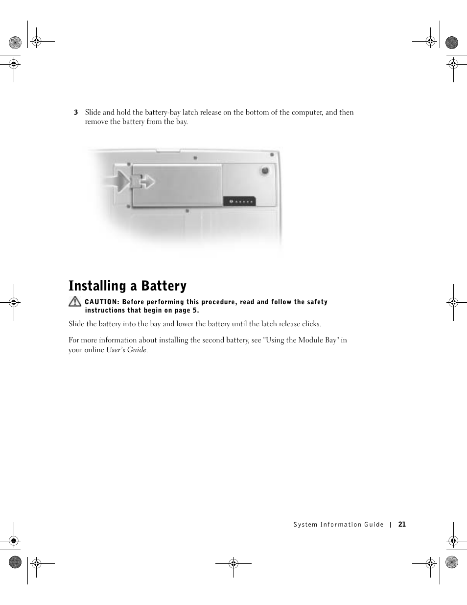 Installing a battery | Dell Precision M60 User Manual | Page 23 / 144