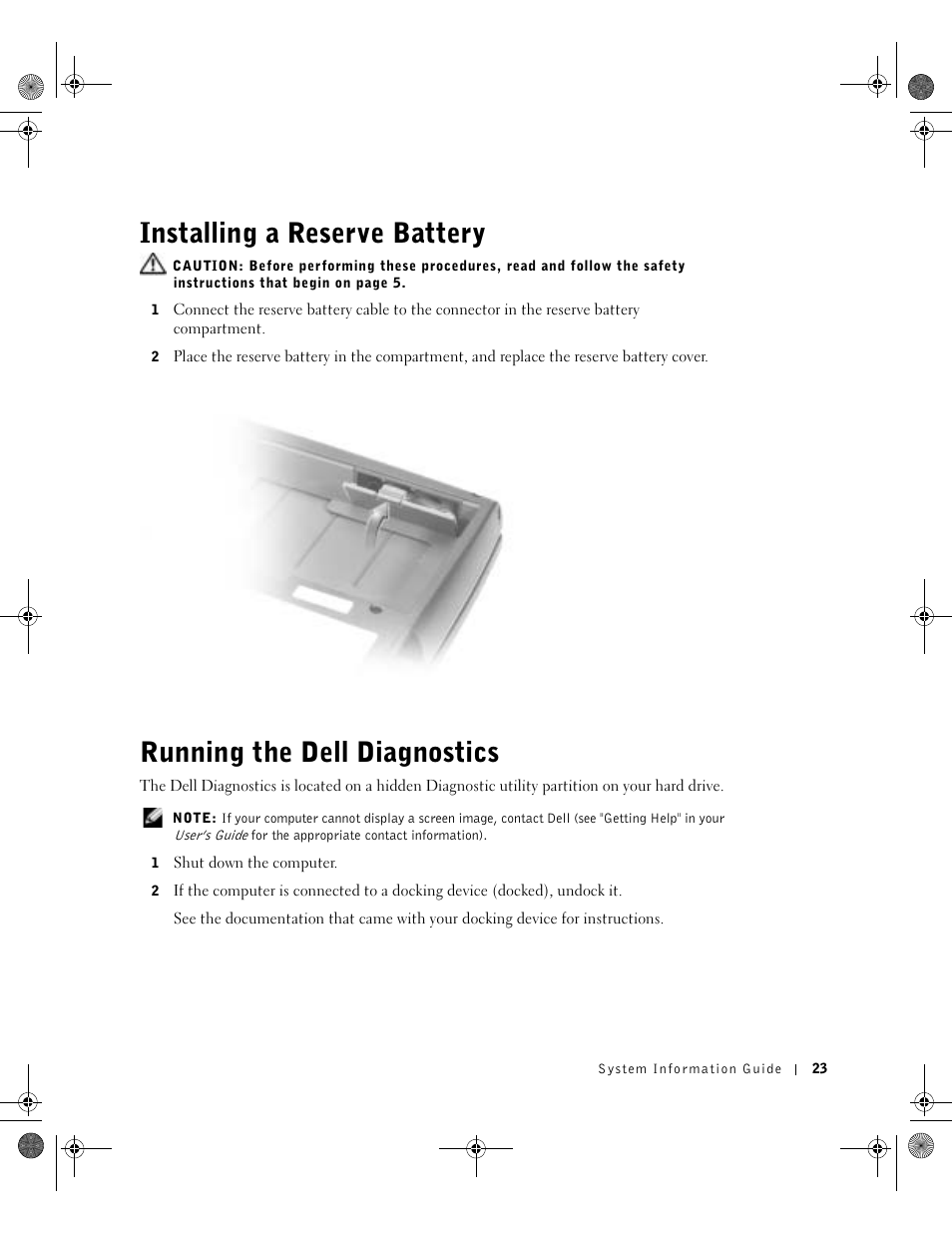 Installing a reserve battery, Running the dell diagnostics | Dell Precision M60 User Manual | Page 25 / 144