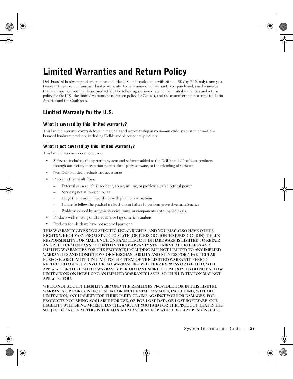 Limited warranties and return policy, Limited warranty for the u.s | Dell Precision M60 User Manual | Page 29 / 144