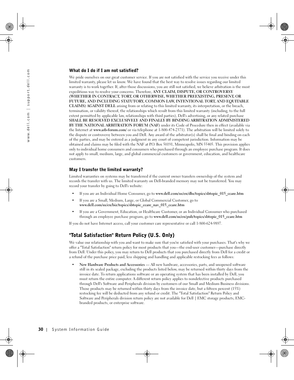 Total satisfaction" return policy (u.s. only) | Dell Precision M60 User Manual | Page 32 / 144