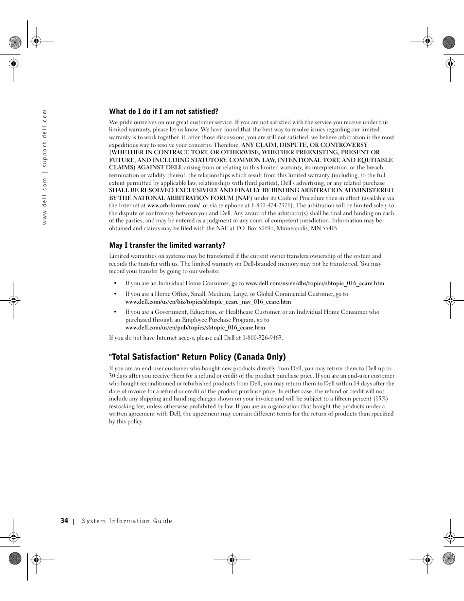 Total satisfaction" return policy (canada only) | Dell Precision M60 User Manual | Page 36 / 144