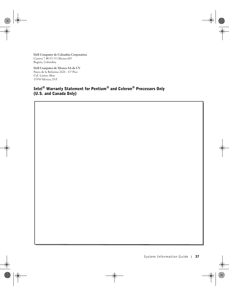 Intel, Warranty statement for pentium, And celeron | Processors only (u.s. and canada only) | Dell Precision M60 User Manual | Page 39 / 144