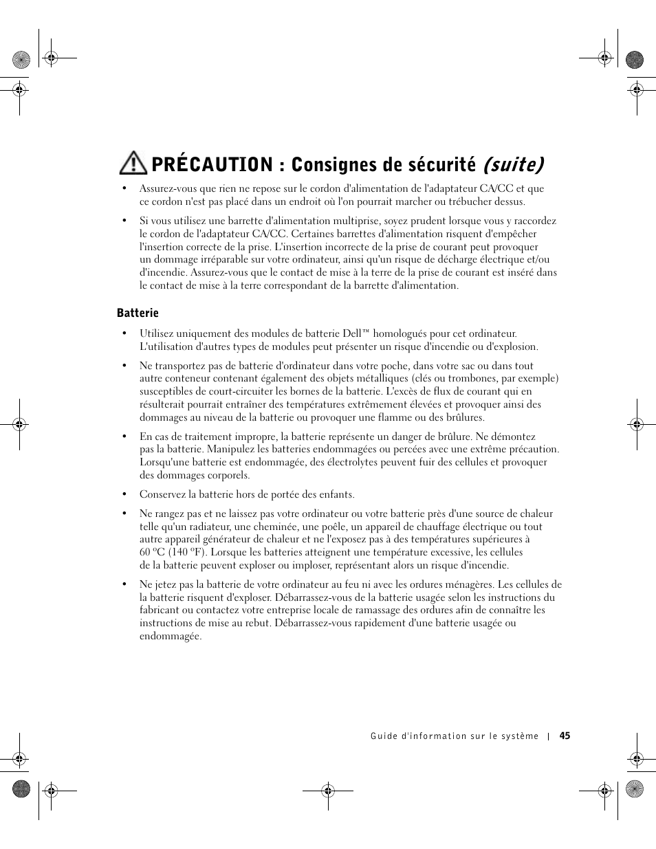 Batterie, Précaution : consignes de sécurité (suite) | Dell Precision M60 User Manual | Page 47 / 144