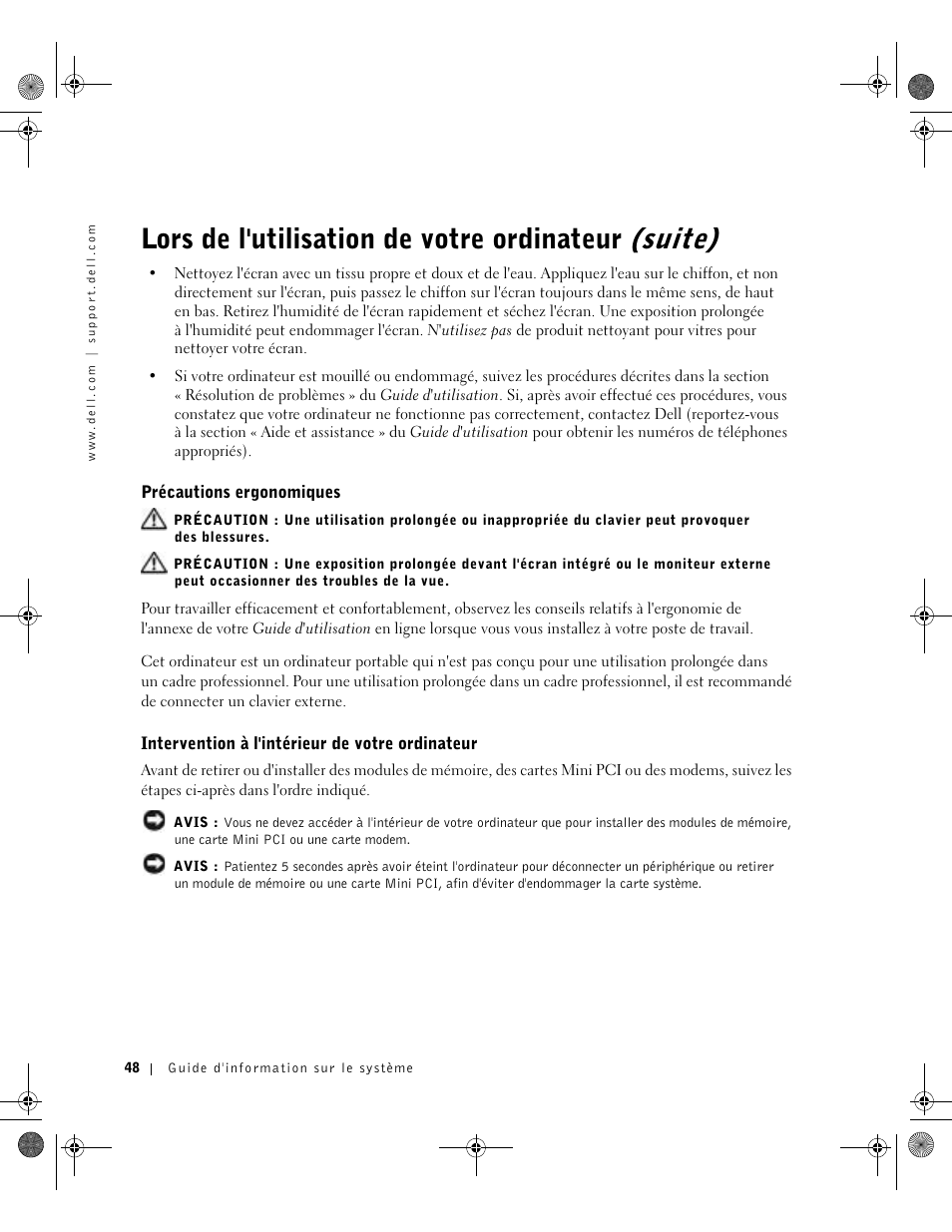 Précautions ergonomiques, Intervention à l'intérieur de votre ordinateur, Lors de l'utilisation de votre ordinateur (suite) | Dell Precision M60 User Manual | Page 50 / 144