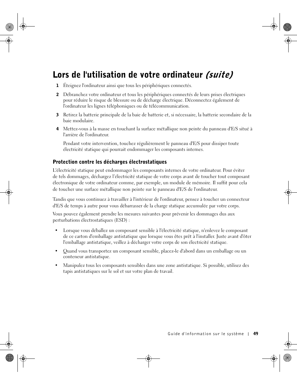 Protection contre les décharges électrostatiques, Lors de l'utilisation de votre ordinateur (suite) | Dell Precision M60 User Manual | Page 51 / 144