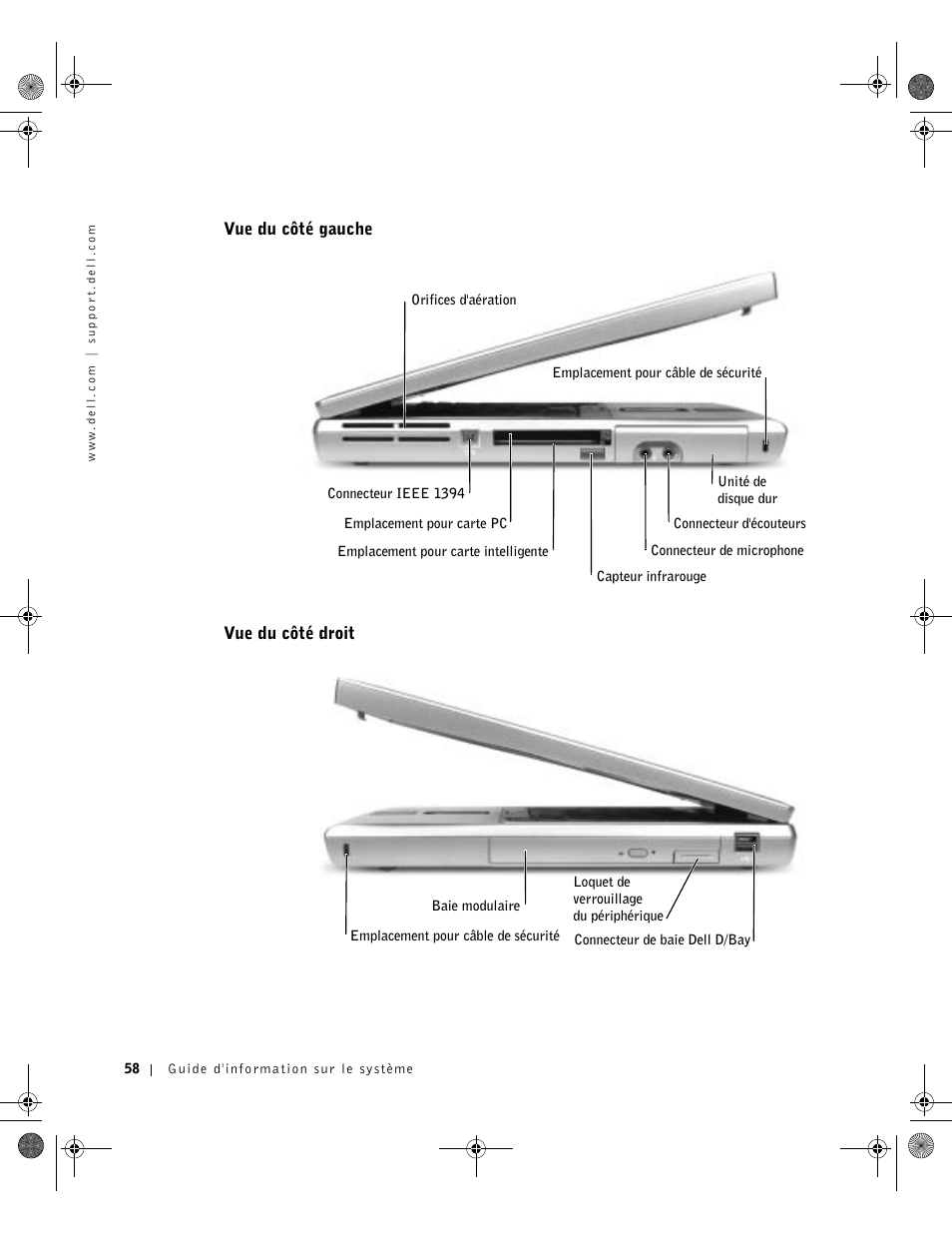 Vue du côté gauche, Vue du côté droit | Dell Precision M60 User Manual | Page 60 / 144