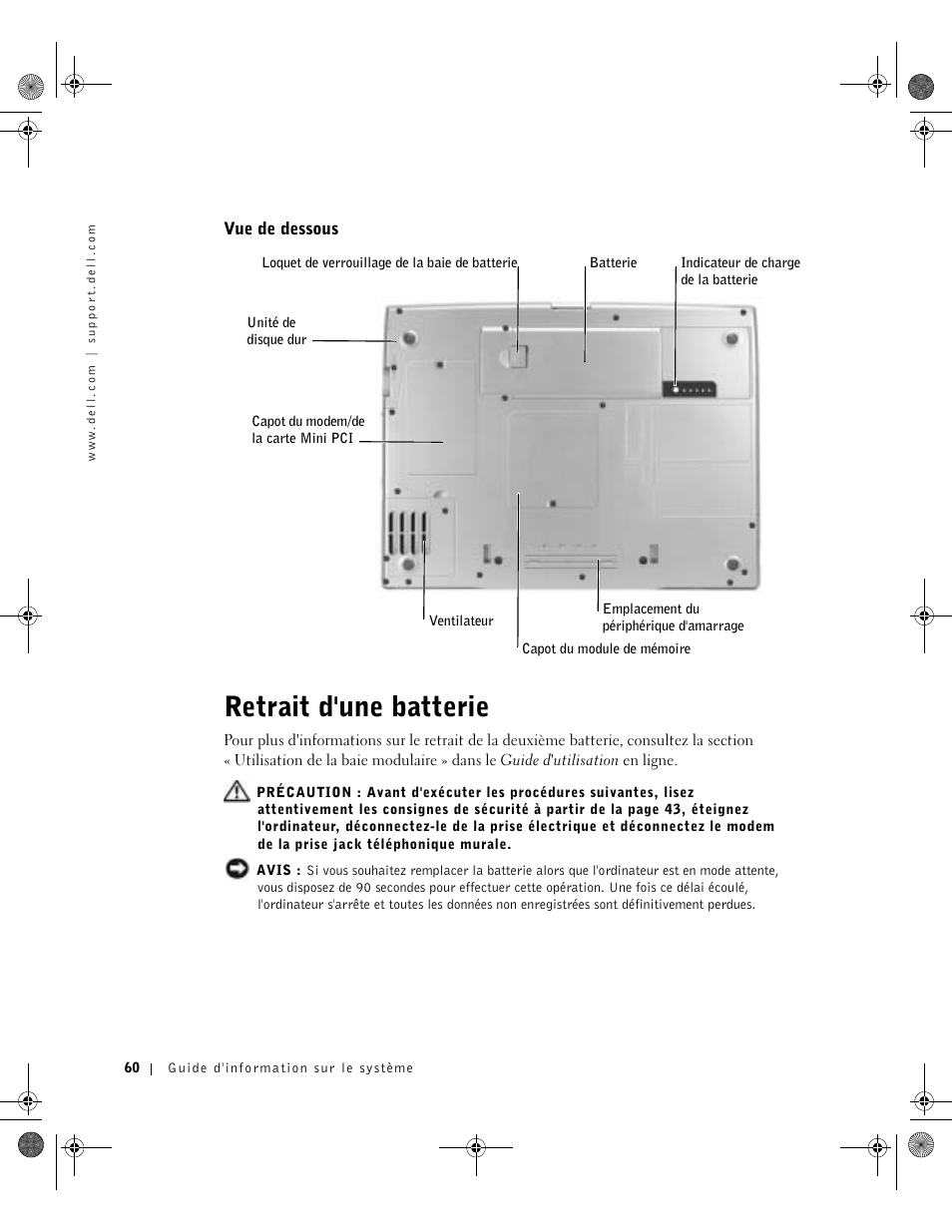 Vue de dessous, Retrait d'une batterie | Dell Precision M60 User Manual | Page 62 / 144
