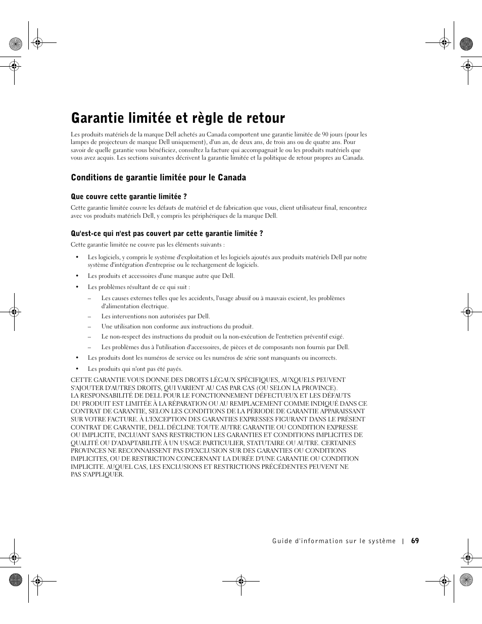 Garantie limitée et règle de retour, Conditions de garantie limitée pour le canada | Dell Precision M60 User Manual | Page 71 / 144