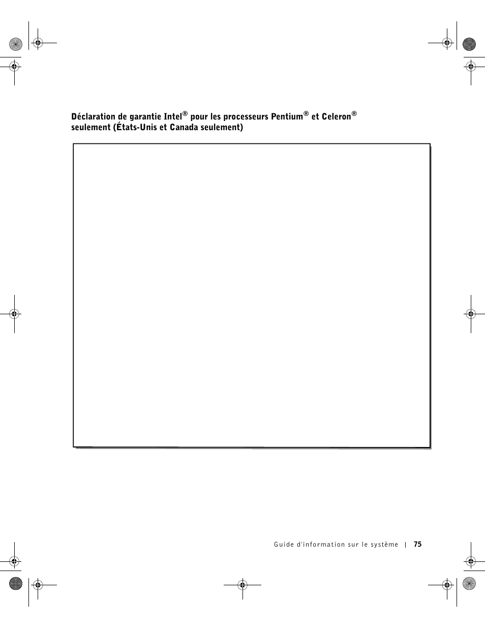 Déclaration de garantie intel, Pour les processeurs pentium, Et celeron | Seulement (états-unis et canada seulement) | Dell Precision M60 User Manual | Page 77 / 144