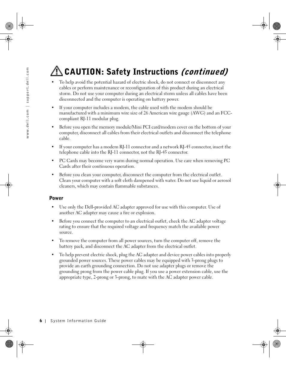 Power, Caution: safety instructions (continued) | Dell Precision M60 User Manual | Page 8 / 144