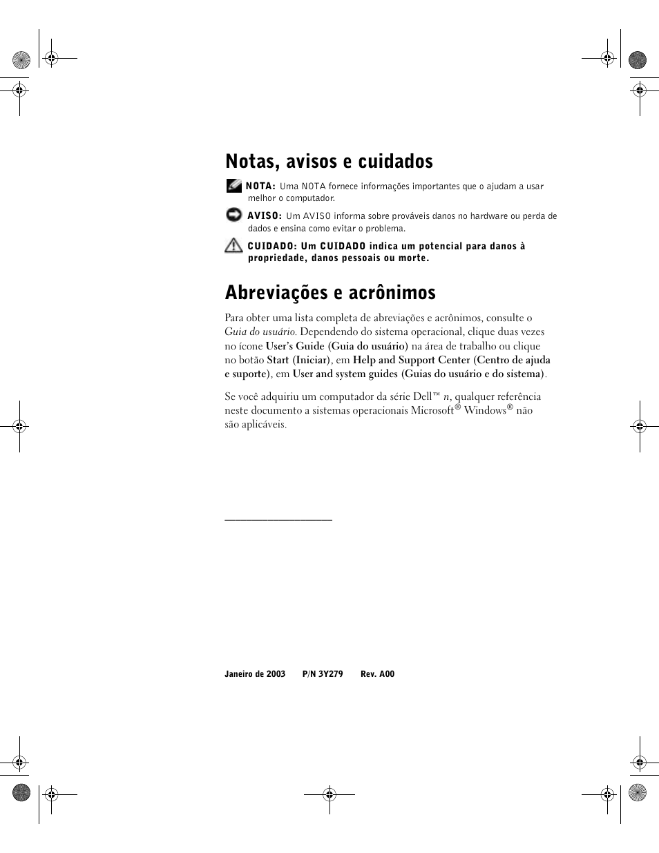 Notas, avisos e cuidados, Abreviações e acrônimos | Dell Precision M60 User Manual | Page 80 / 144