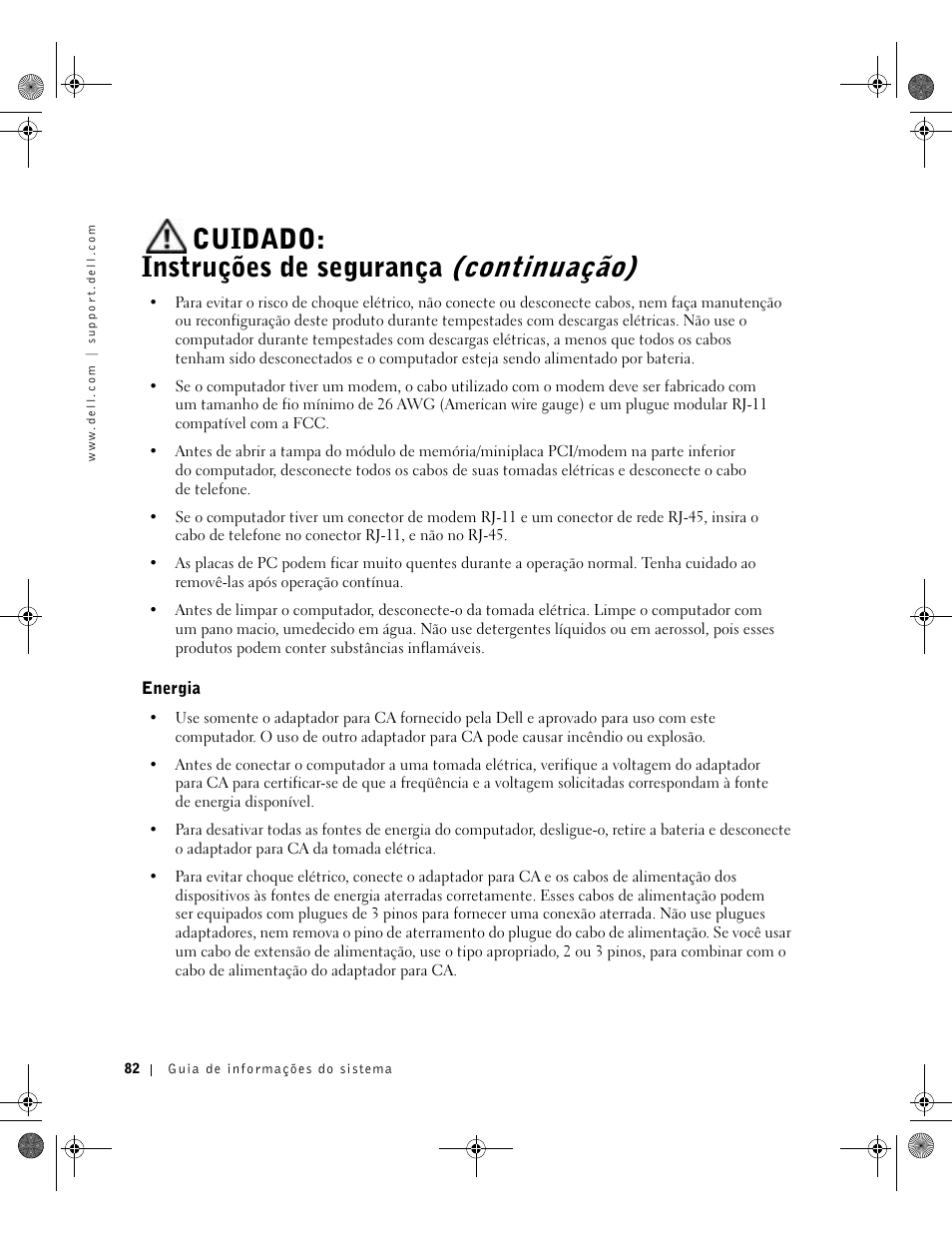 Energia, Cuidado: instruções de segurança (continuação) | Dell Precision M60 User Manual | Page 84 / 144