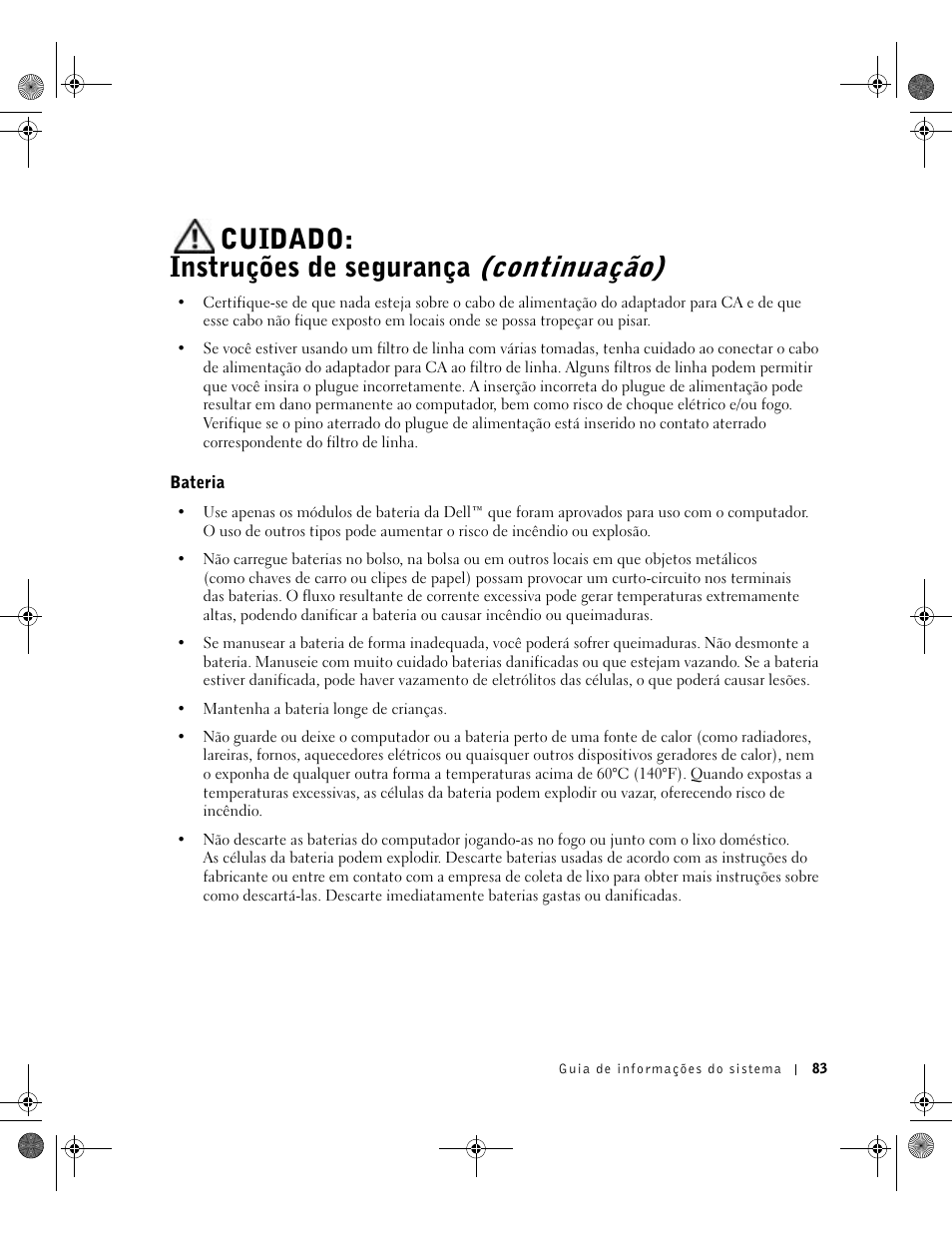 Bateria, Cuidado: instruções de segurança (continuação) | Dell Precision M60 User Manual | Page 85 / 144