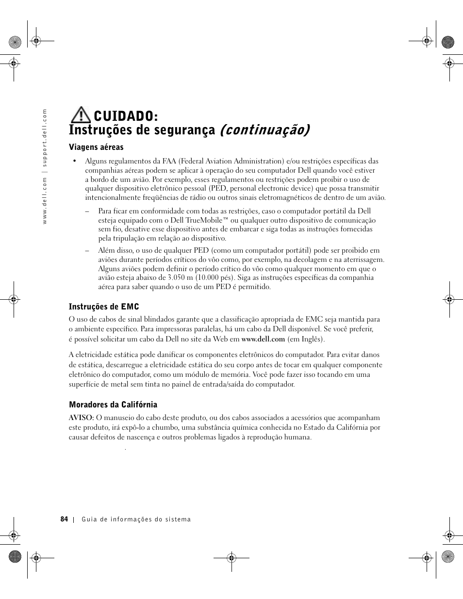 Viagens aéreas, Instruções de emc, Moradores da califórnia | Cuidado: instruções de segurança (continuação) | Dell Precision M60 User Manual | Page 86 / 144