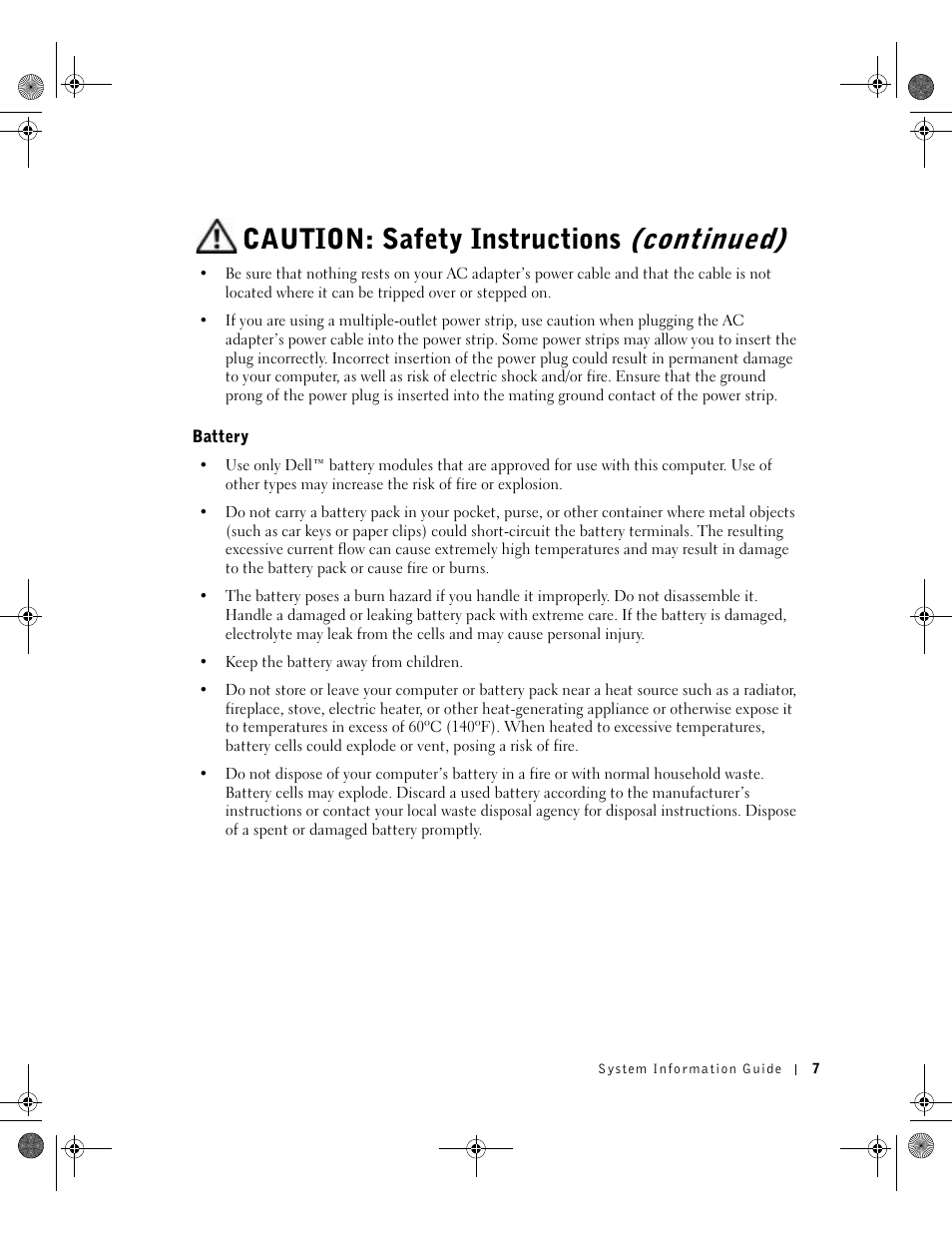 Battery, Caution: safety instructions (continued) | Dell Precision M60 User Manual | Page 9 / 144