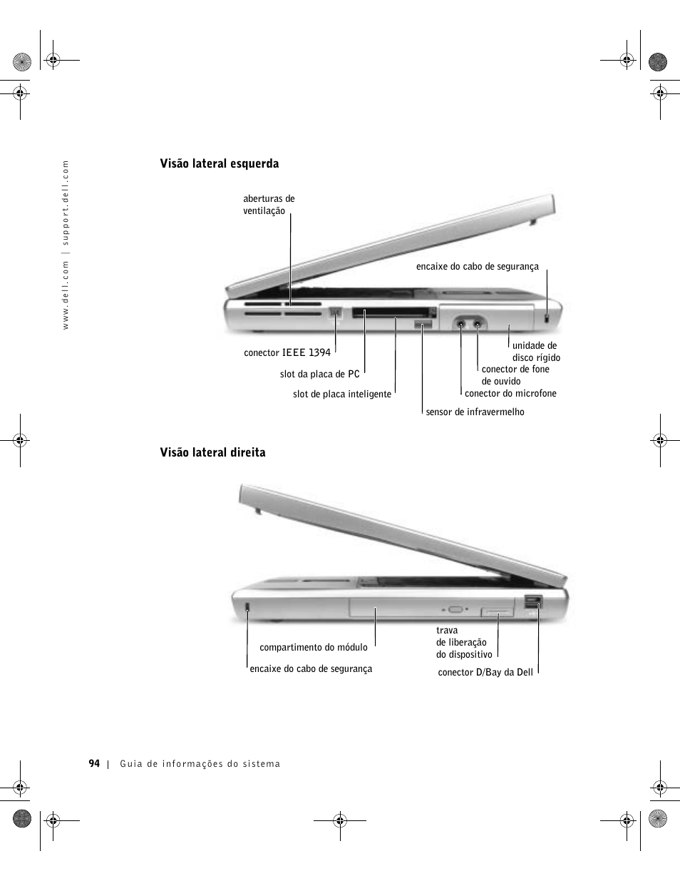 Visão lateral esquerda, Visão lateral direita | Dell Precision M60 User Manual | Page 96 / 144