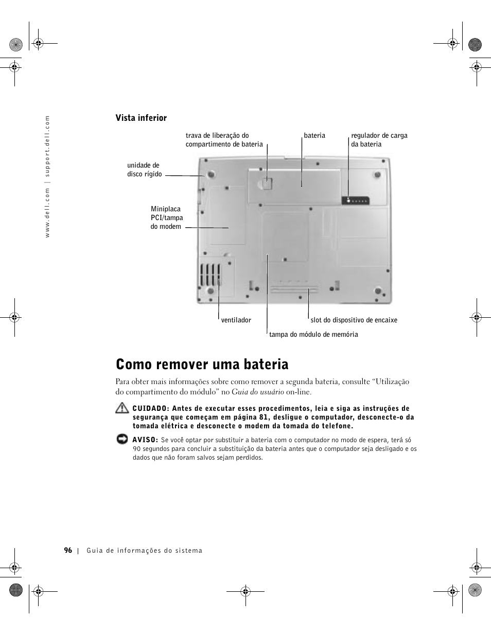 Vista inferior, Como remover uma bateria | Dell Precision M60 User Manual | Page 98 / 144