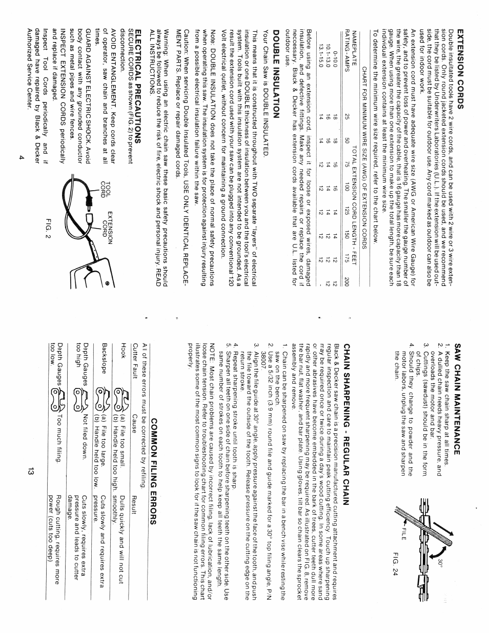 Extension cords, Double insulation, Electrical precautions | Saw chain maintenance, Chain sharpening - regular chain, Common filing errors | Black & Decker 3803-10 User Manual | Page 4 / 8
