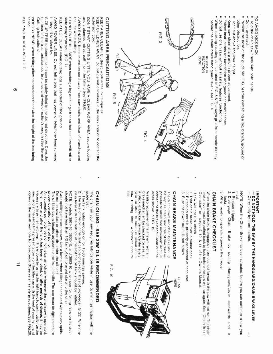 Cutting area precautions, Chain brake checklist, Chain brake maintenance | Chain oiling - sae sow oil is recommended | Black & Decker 3803-10 User Manual | Page 6 / 8