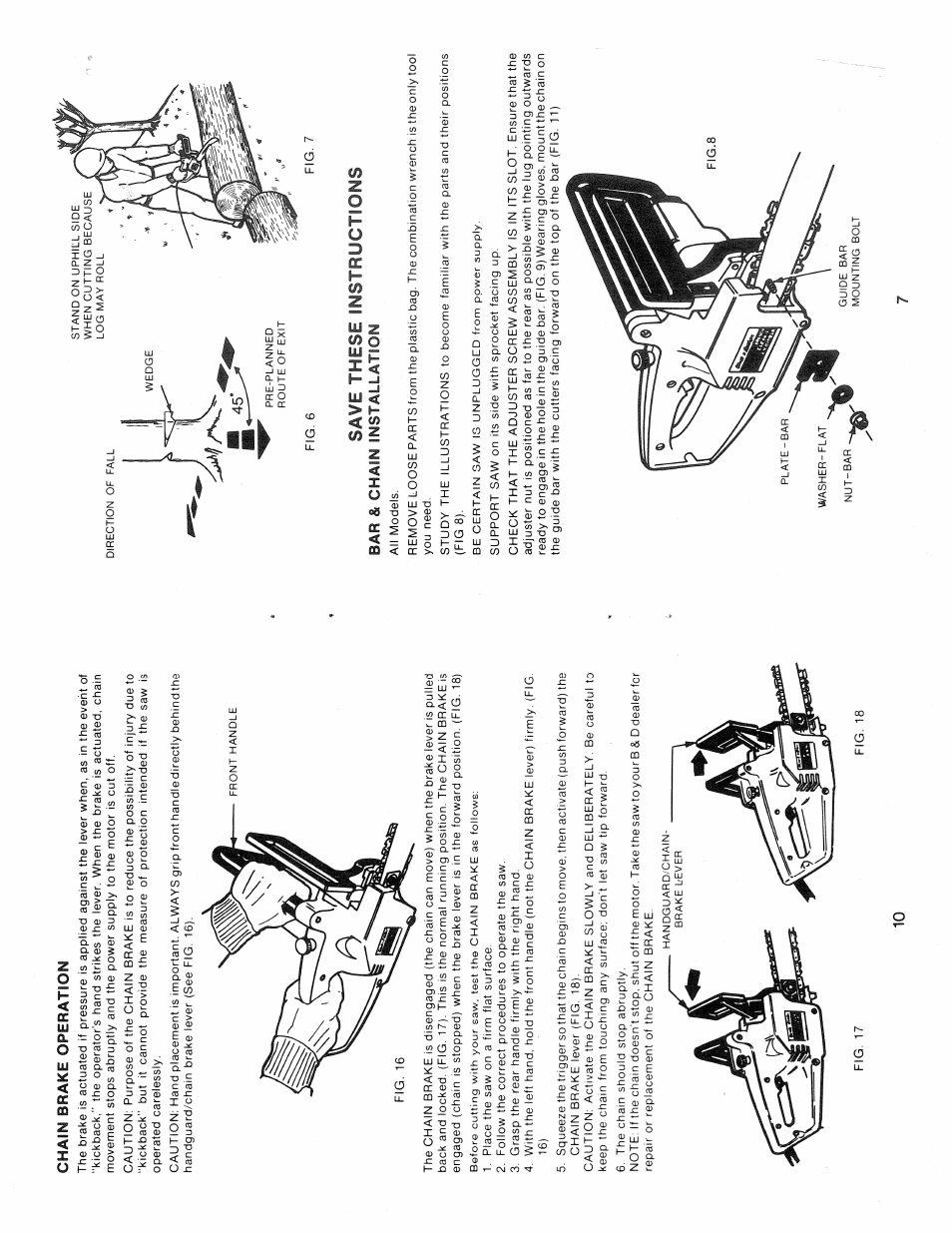 Save these instructions, Chain brake operation, Bar & chain installation | Black & Decker 3803-10 User Manual | Page 7 / 8