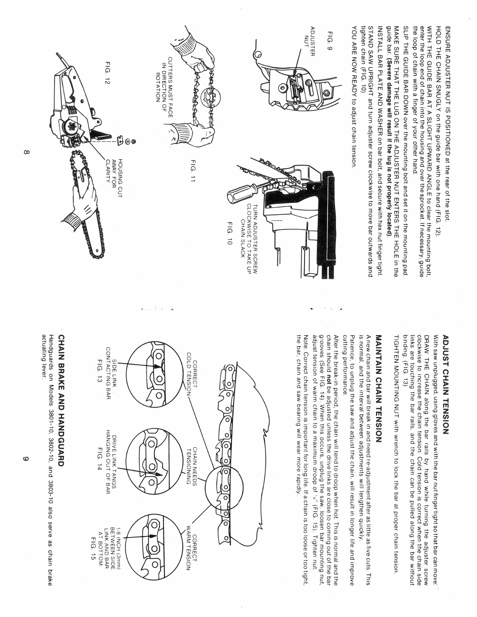 Adjust chain tension, Maintain chain tension, Chain brake and handguard | Black & Decker 3803-10 User Manual | Page 8 / 8