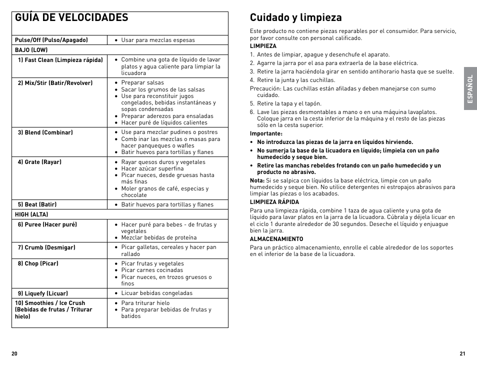Guía de velocidades, Cuidado y limpieza | Black & Decker BL2010WGUC User Manual | Page 11 / 17