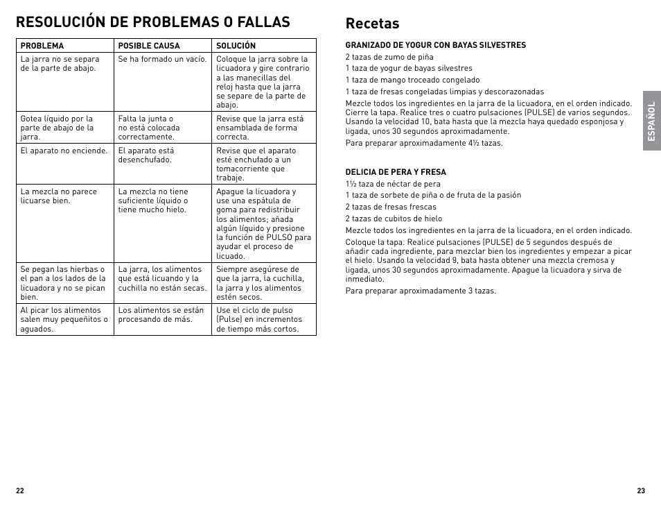 Resolución de problemas o fallas, Recetas | Black & Decker BL2010WGUC User Manual | Page 12 / 17