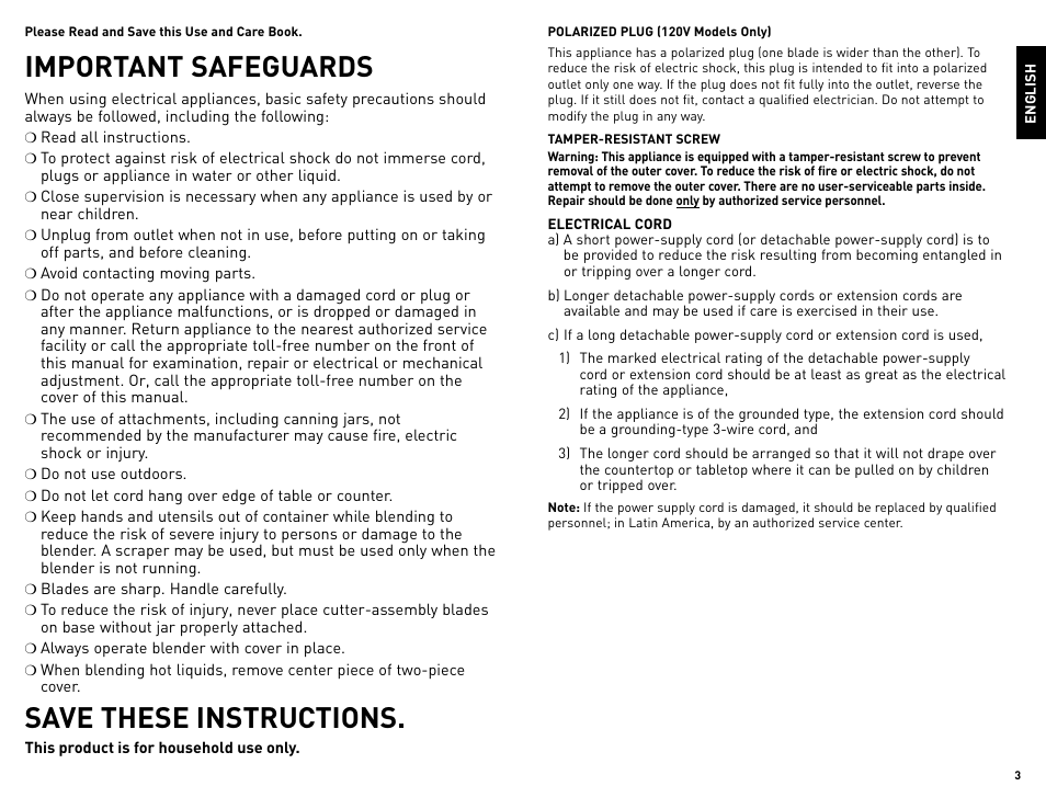 Important safeguards, Save these instructions | Black & Decker BL2010WGUC User Manual | Page 2 / 17