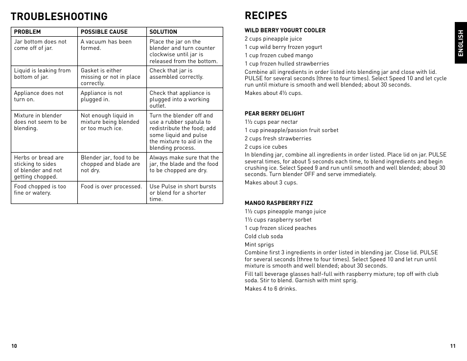 Troubleshooting, Recipes | Black & Decker BL2010WGUC User Manual | Page 6 / 17