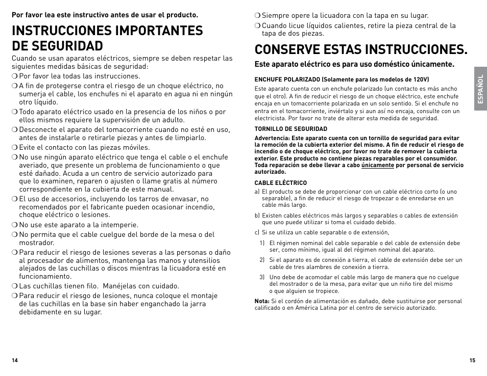 Instrucciones importantes de seguridad, Conserve estas instrucciones | Black & Decker BL2010WGUC User Manual | Page 8 / 17