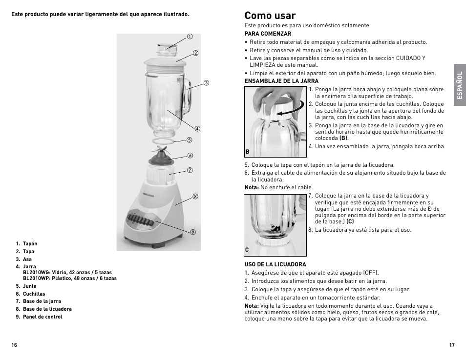 Como usar | Black & Decker BL2010WGUC User Manual | Page 9 / 17