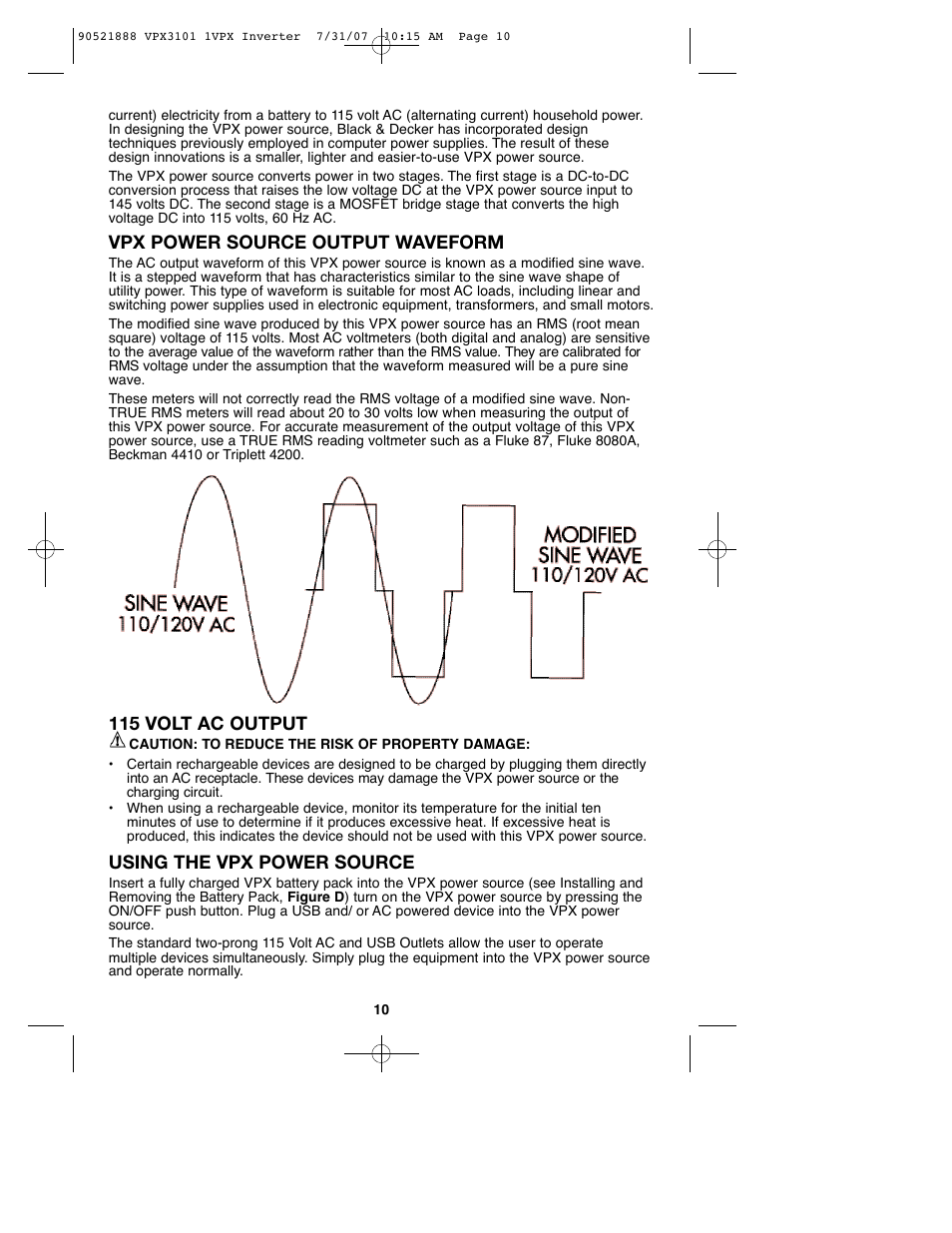 Vpx power source output waveform, 115 volt ac output, Using the vpx power source | Black & Decker 1VPX 90521888 User Manual | Page 10 / 47
