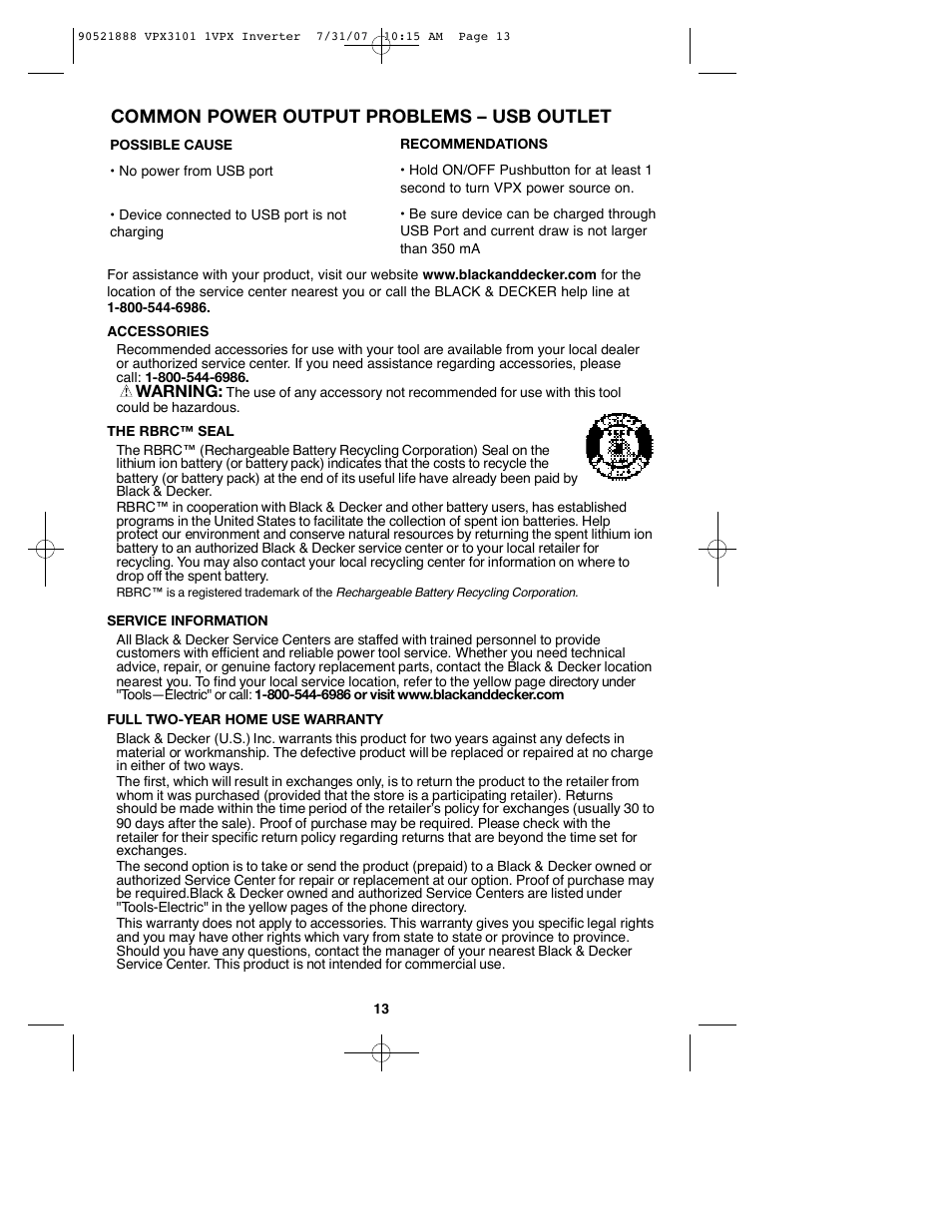 Common power output problems – usb outlet | Black & Decker 1VPX 90521888 User Manual | Page 13 / 47