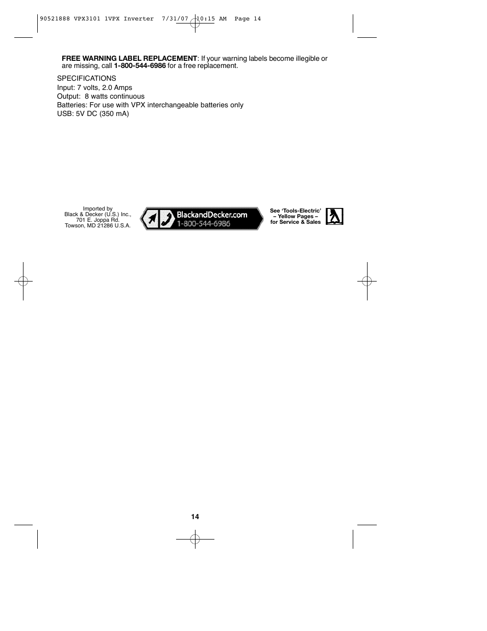 Black & Decker 1VPX 90521888 User Manual | Page 14 / 47