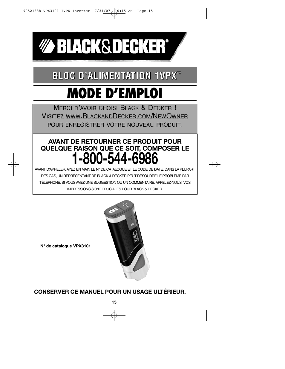 Mode d’emploi | Black & Decker 1VPX 90521888 User Manual | Page 15 / 47