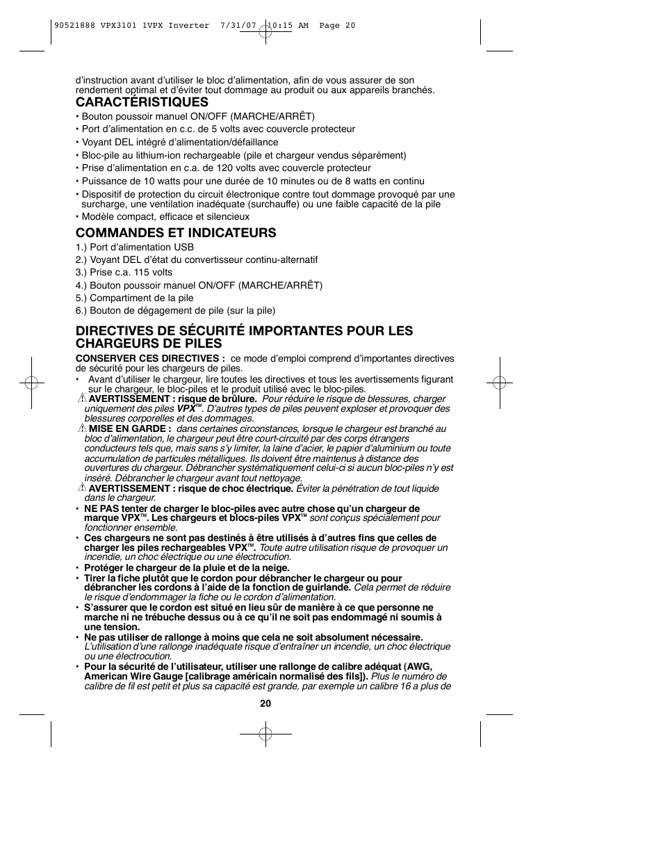 Caractéristiques, Commandes et indicateurs | Black & Decker 1VPX 90521888 User Manual | Page 20 / 47