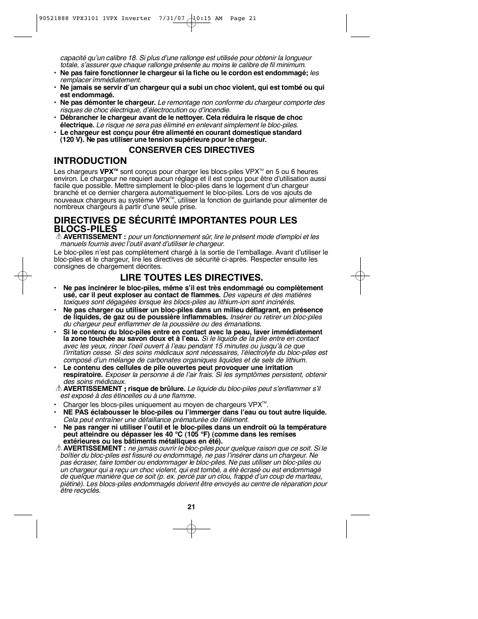 Introduction, Lire toutes les directives | Black & Decker 1VPX 90521888 User Manual | Page 21 / 47