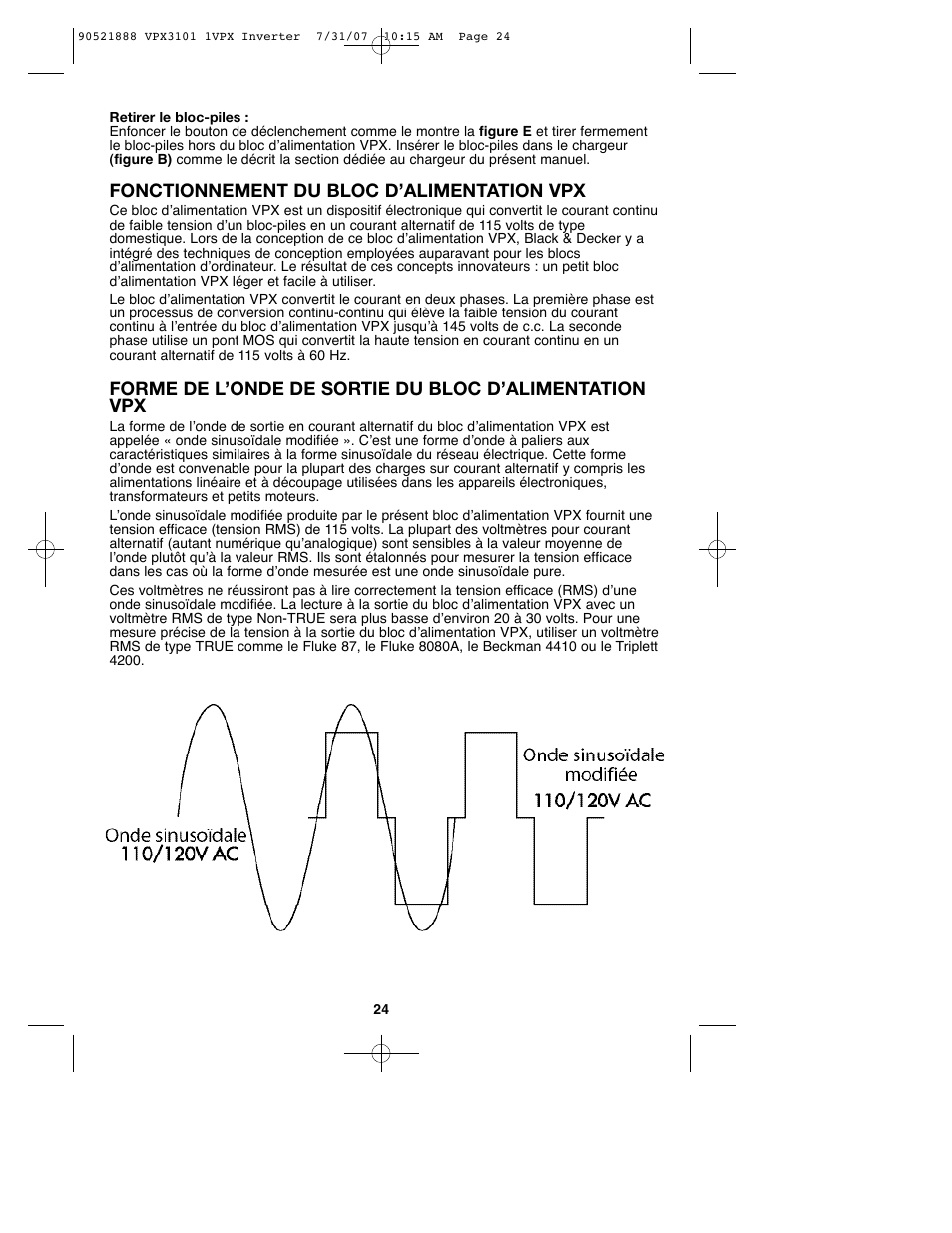 Fonctionnement du bloc d’alimentation vpx | Black & Decker 1VPX 90521888 User Manual | Page 24 / 47