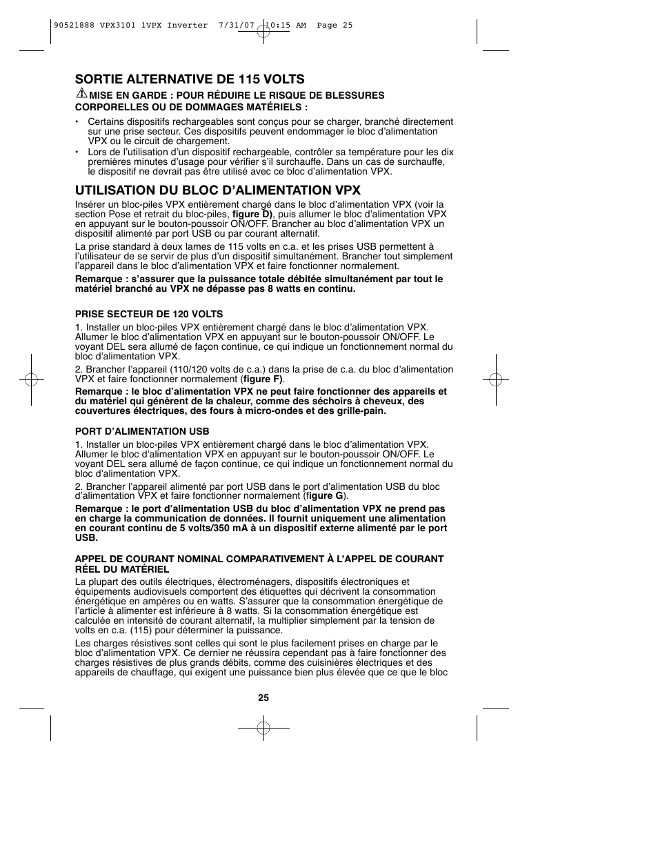 Sortie alternative de 115 volts, Utilisation du bloc d’alimentation vpx | Black & Decker 1VPX 90521888 User Manual | Page 25 / 47