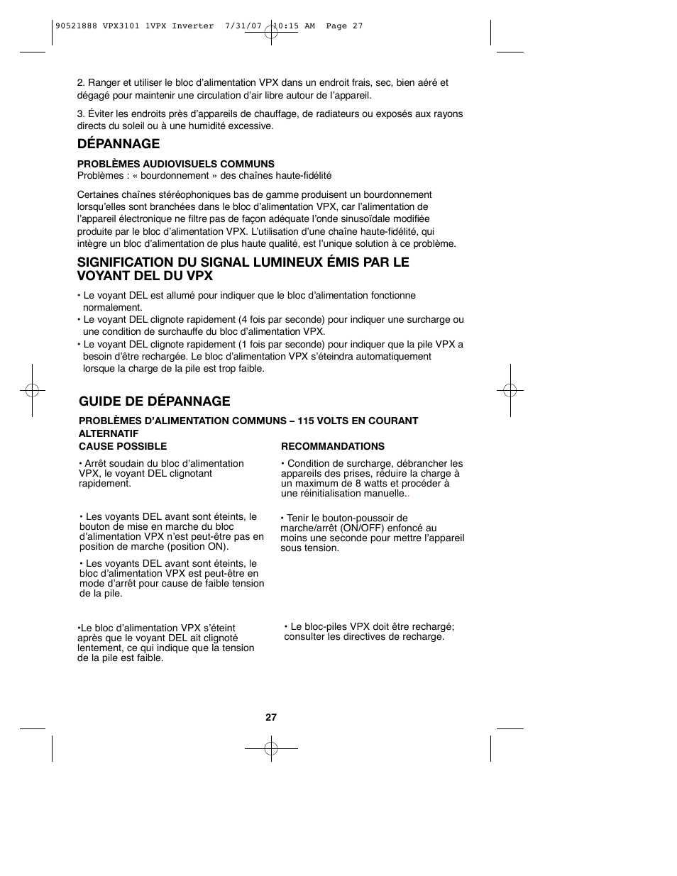 Dépannage, Guide de dépannage | Black & Decker 1VPX 90521888 User Manual | Page 27 / 47