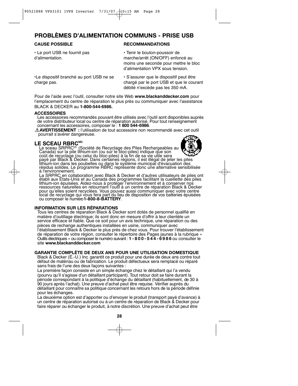 Problèmes d’alimentation communs - prise usb | Black & Decker 1VPX 90521888 User Manual | Page 28 / 47