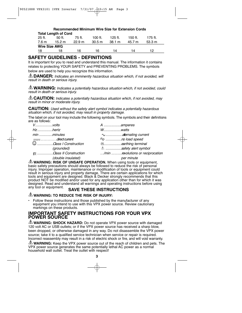 Safety guidelines - definitions | Black & Decker 1VPX 90521888 User Manual | Page 3 / 47